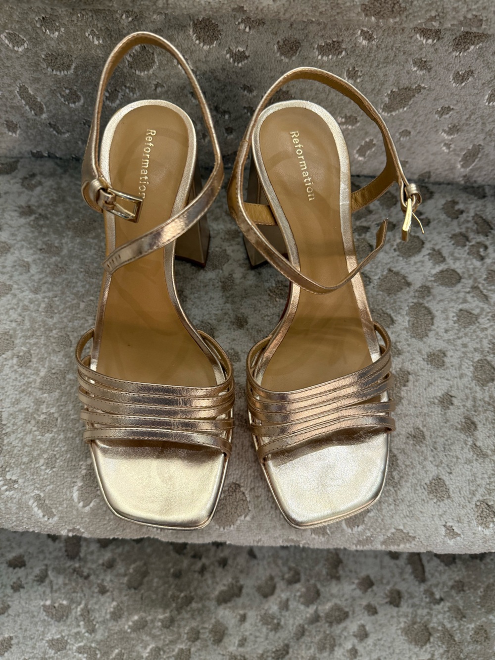 Reformation Gold Strappy Block Heel Sandals